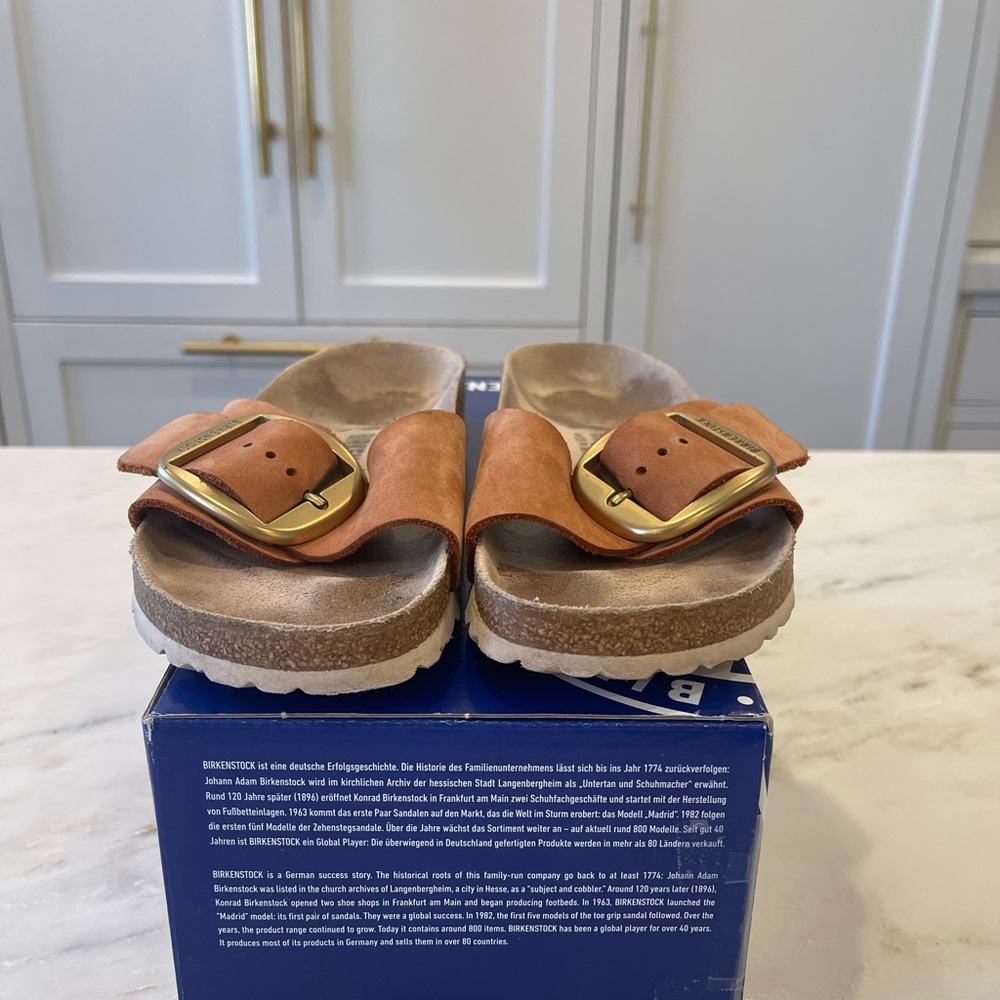 Birkenstock Tan Sandals with Gold Buckle